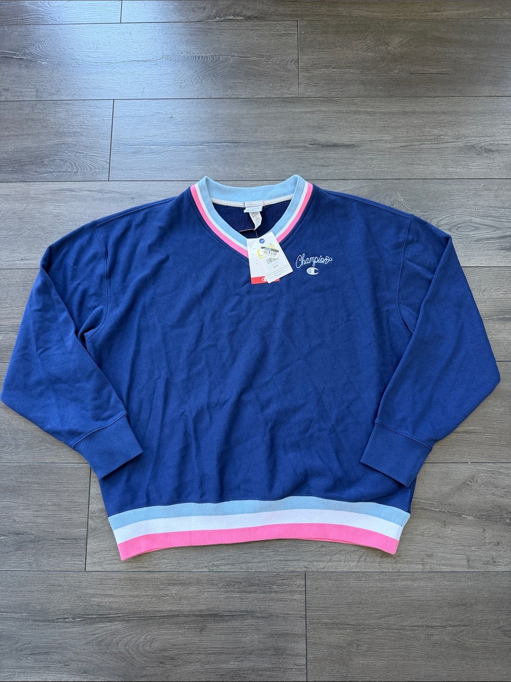 Champion Navy Crewneck Sweater with Pink & Light Blue Trim